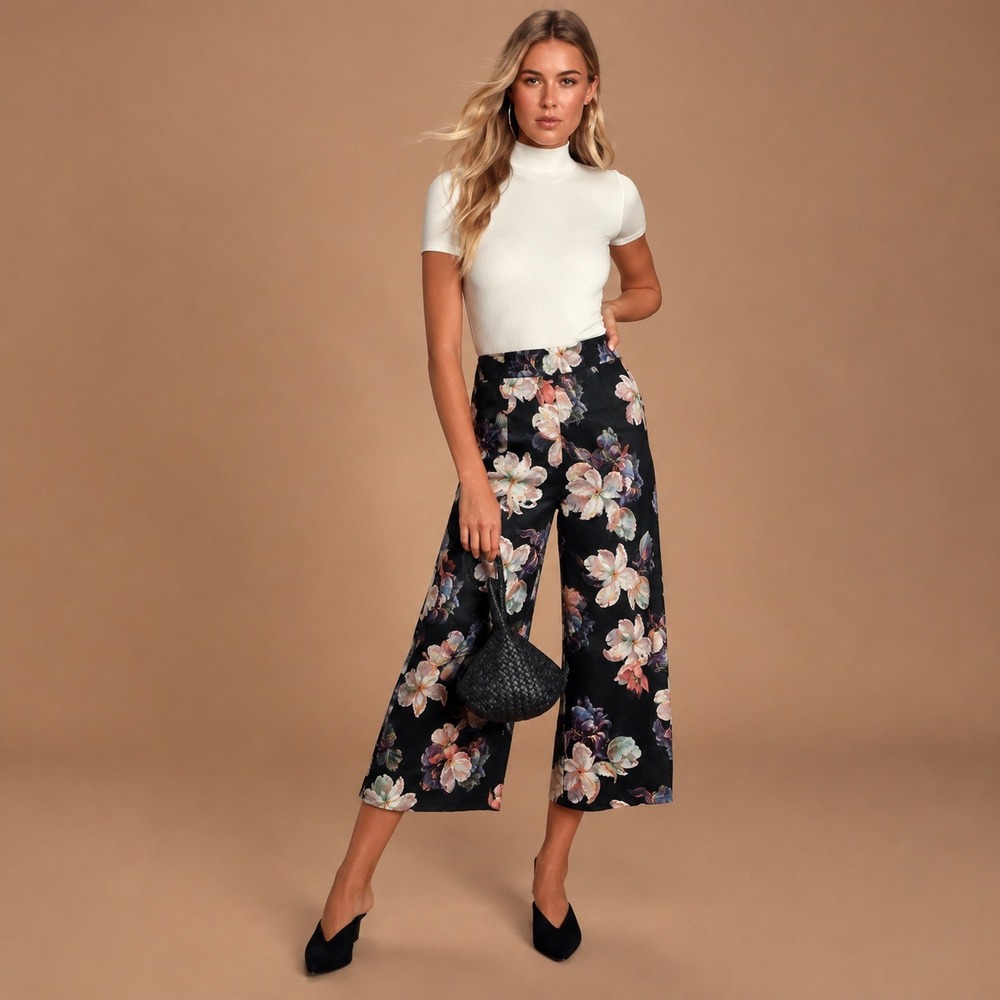 Lulus Black Floral Wide Leg Pants High Waisted Satin Cropped Trousers Small